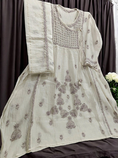 Graceful Mul Angarkha Suit with Mukesh Kamdani & Chikankari Work