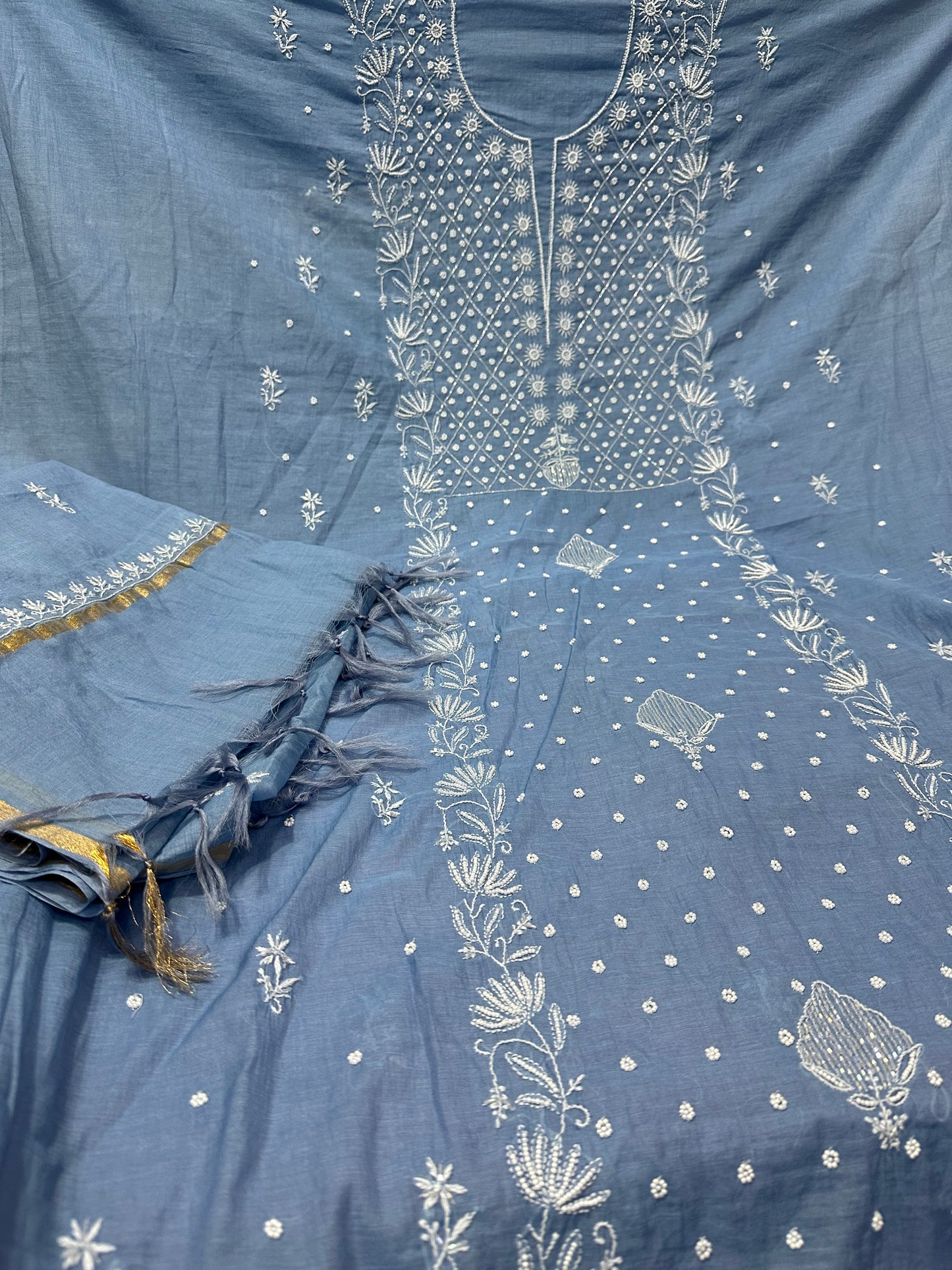 Mul Chanderi Chikankari 2 Pc Suit | Moti Cut Dana Embellishment