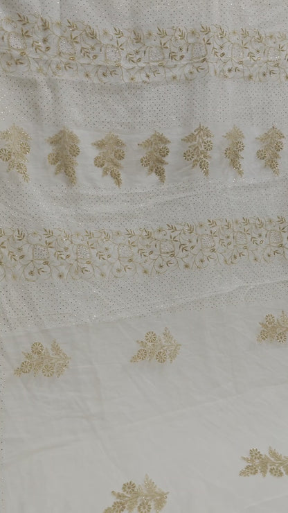Royal White Organza Saree with Golden Mukesh Chikankari Detailing | Blouse Included