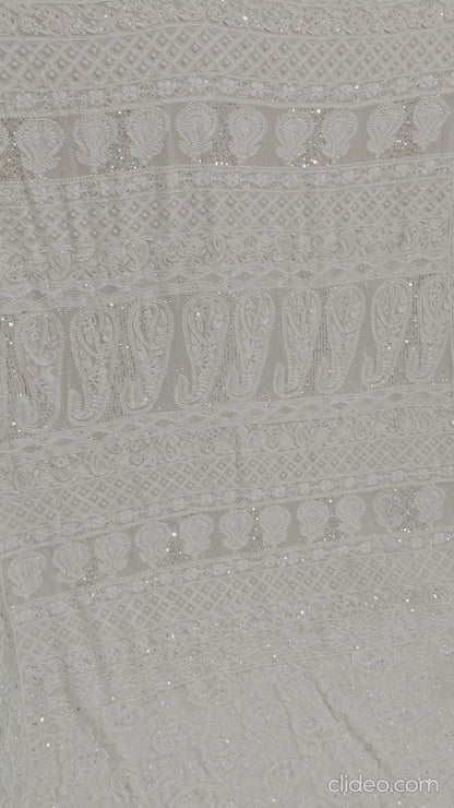 Ivory Georgette Chikankari Saree with Intricate Paisley Embellishments