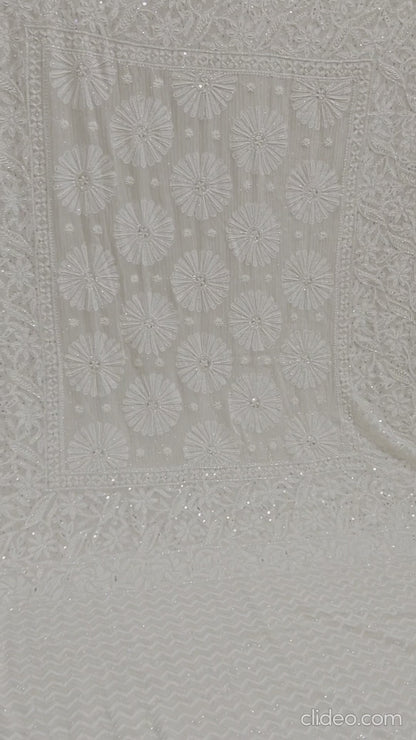 Ivory Georgette Chikankari Saree with Radiant Floral Embellishments
