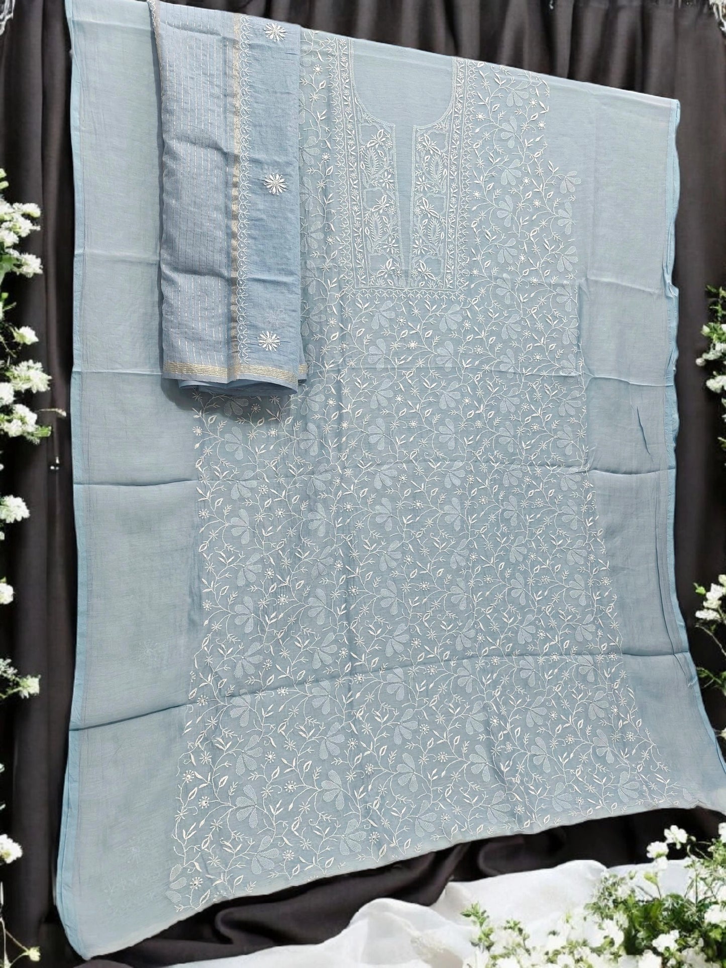 Timeless Chikankari Hand-Embroidered Powder Blue Mul Suit | Unstitched