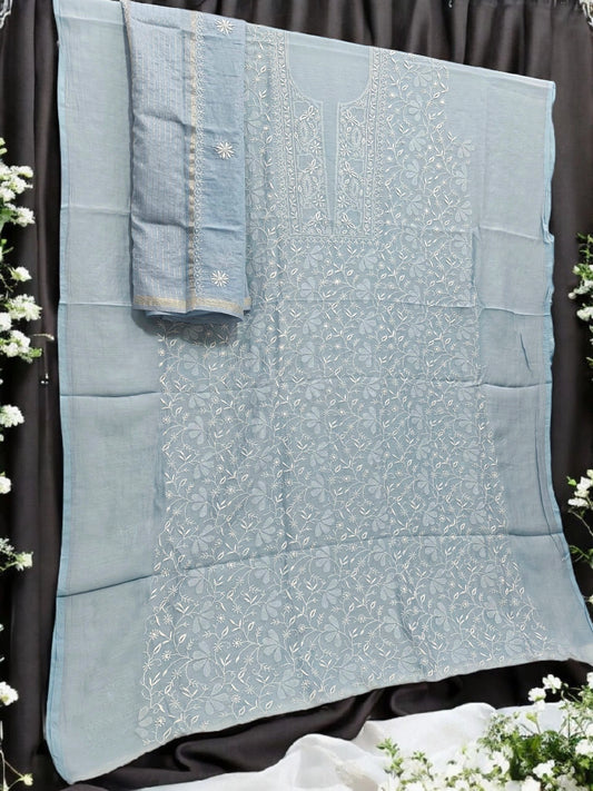 Timeless Chikankari Hand-Embroidered Powder Blue Mul Suit | Unstitched