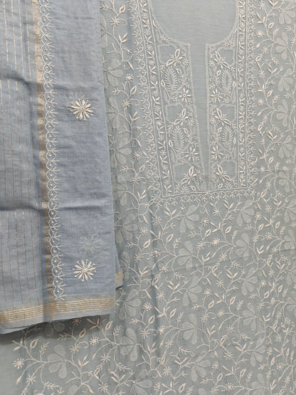 Timeless Chikankari Hand-Embroidered Powder Blue Mul Suit | Unstitched