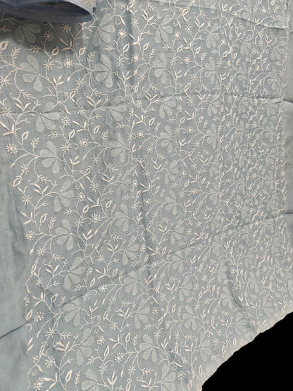 Timeless Chikankari Hand-Embroidered Powder Blue Mul Suit | Unstitched