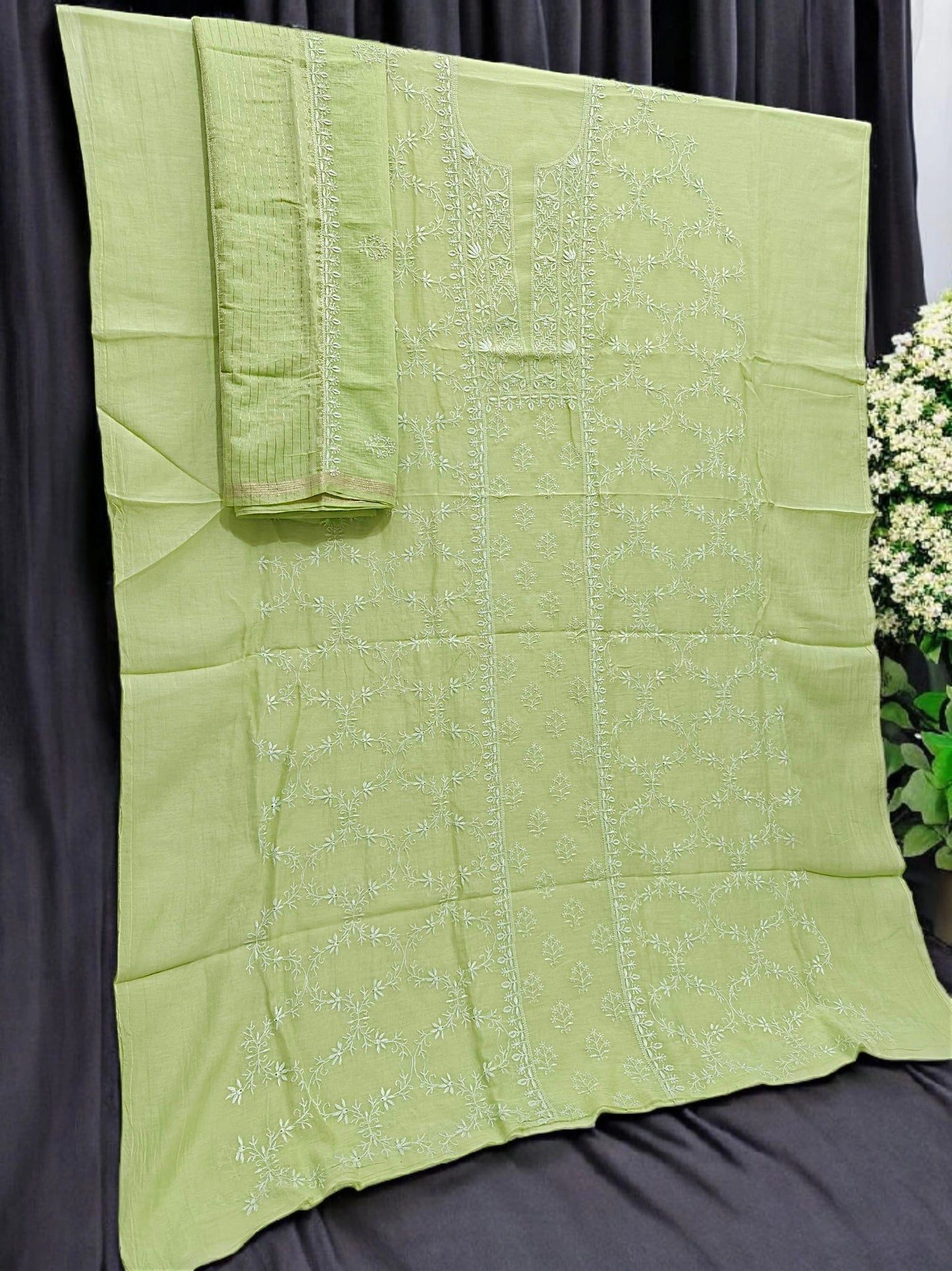 Timeless Chikankari Hand-Embroidered Pista Green Mul Suit | Unstitched