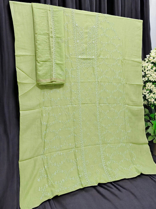 Timeless Chikankari Hand-Embroidered Pista Green Mul Suit | Unstitched