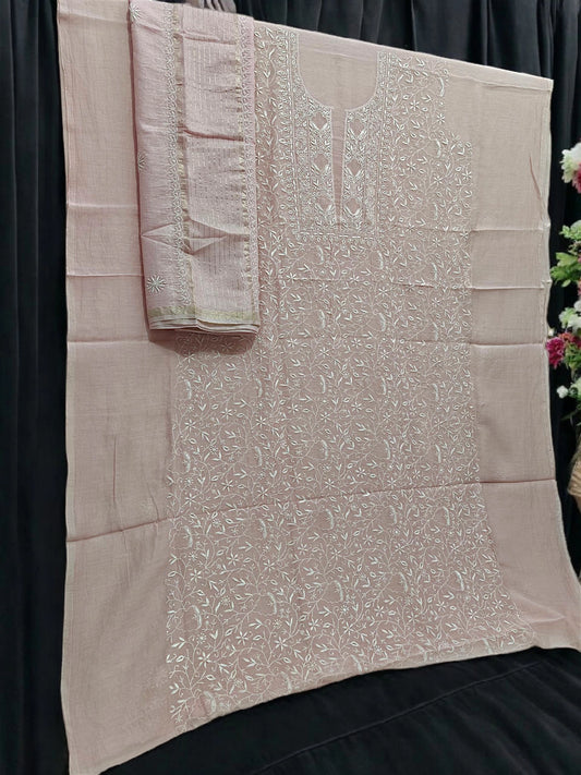 Timeless Chikankari Hand-Embroidered Rose Gold Mul Suit | Unstitched