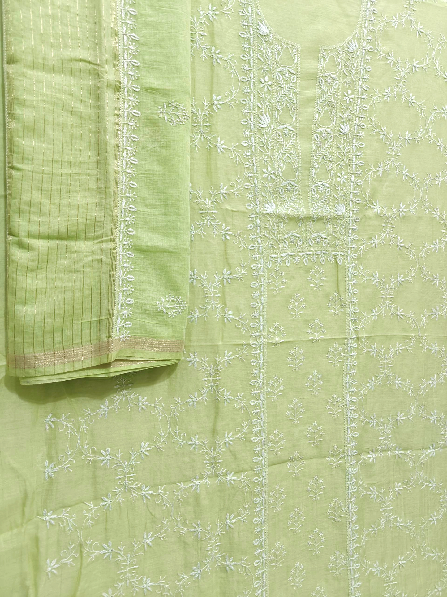 Timeless Chikankari Hand-Embroidered Pista Green Mul Suit | Unstitched