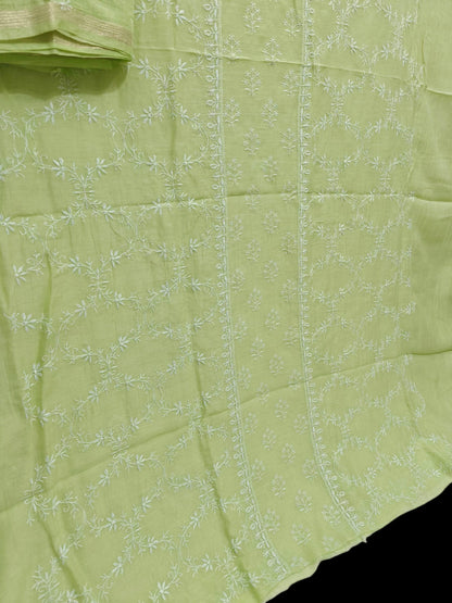 Timeless Chikankari Hand-Embroidered Pista Green Mul Suit | Unstitched