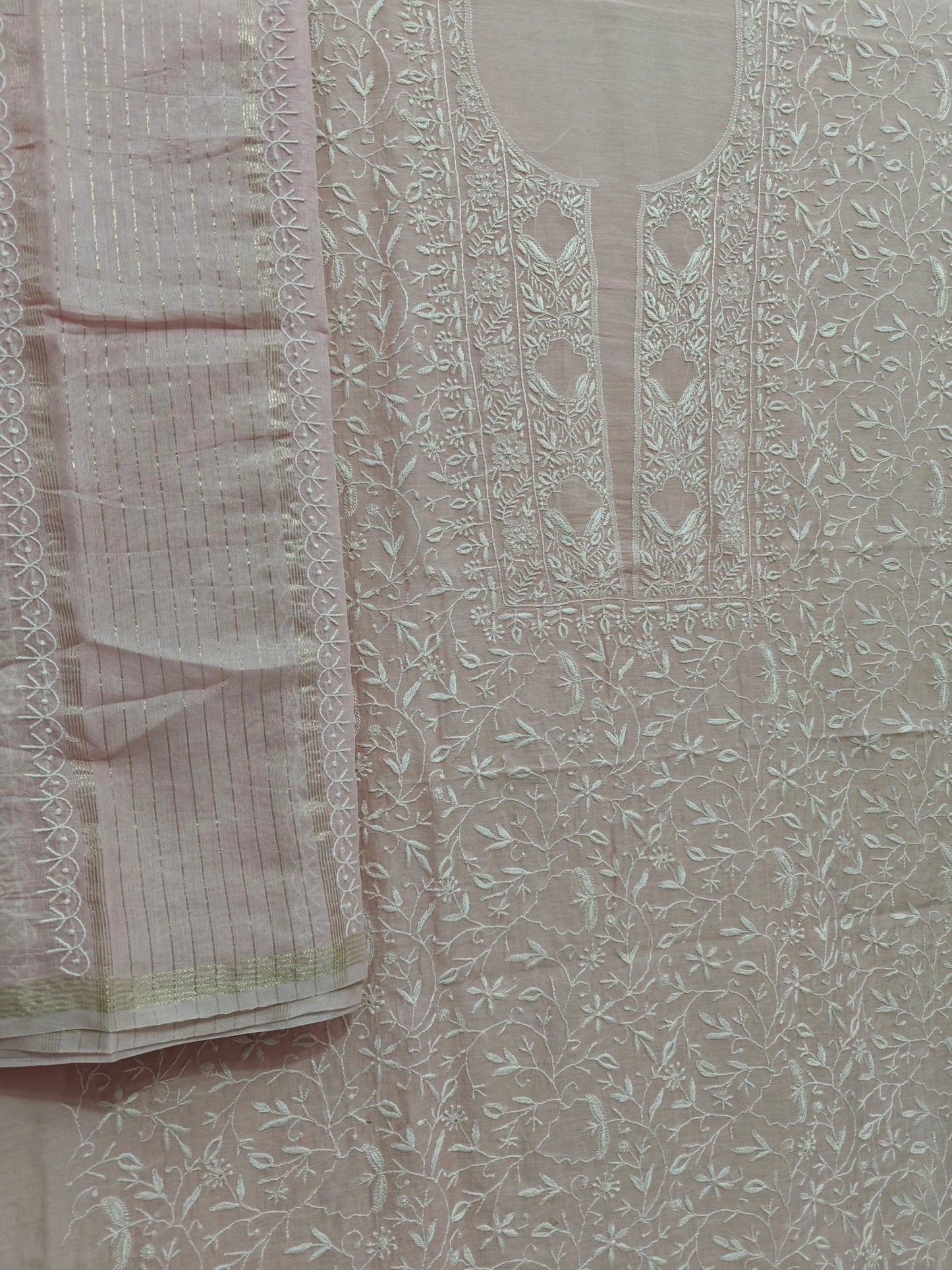 Timeless Chikankari Hand-Embroidered Rose Gold Mul Suit | Unstitched