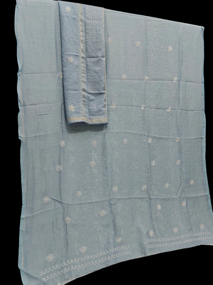 Timeless Chikankari Hand-Embroidered Powder Blue Mul Suit | Unstitched